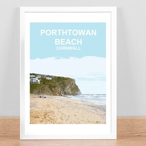 Porthtowan Beach Cornwall print, Travel Poster Picture, Wall Art decor. Cornish Birthday Wedding Anniversary gift Hand signed, framed Kernow