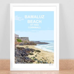 Bamaluz Beach, St Ives, Cornwall art print, Travel Poster, Picture, Wall art decor. Cornish Birthday anniversary gift. Hand signed Landscape