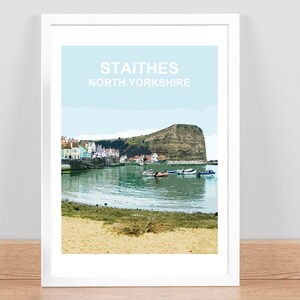 Staithes, North Yorkshire print Travel Poster, Picture, Wall art Home decor. Framed Birthday Anniversary Wedding gift Hand Signed