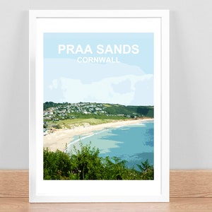 Praa Sands Beach, Cornwall Stampa, Poster di viaggio, Immagine, Decorazione murale. Poster della posizione di Hendra firmato a mano. Regali della Cornovaglia