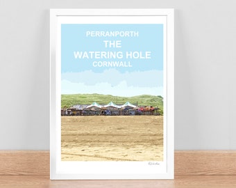 Perranporth Watering Hole, Cornwall art print, Travel Poster, Picture, Wall decor. Hand signed. Framed. Cornish birthday anniversary gift.