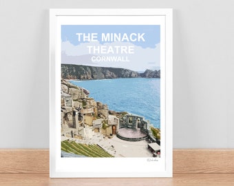 The Minack Theatre Cornwall art print, Porthcurno Travel Poster, Picture, Wall decor. Hand signed. Cornish birthday wedding anniversary gift