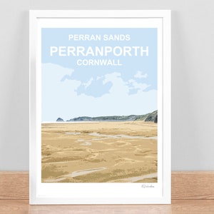 Perran Sands Perranporth Cornwall stampa artistica, poster di località di viaggio, immagine, decorazione da parete. Firmato a mano. Pronto da appendere. Incorniciato. Regalo della Cornovaglia