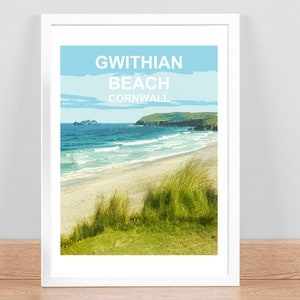 Gwithian Beach, Cornwall art print, Travel Poster, Picture, Wall art, Home decor. Hand signed. St Ives Bay. Cornish gift