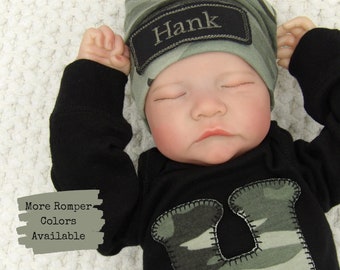 Baby Boy Camo Coming Home Outfit, Baby First Photo Outfit, Camo Baby Boy Romper with Hat, Embroidered Baby Boy Gifts, Newborn Set Name