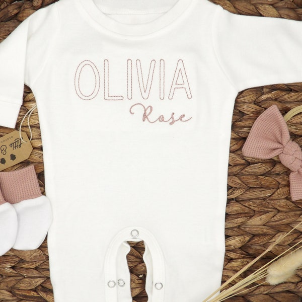 Personalized Baby Girl Coming Home Outfit, Newborn Photo Outfit Girl, Baby Girl Romper With Bow,Embroidered Baby Girl Gifts,Newborn Set Name