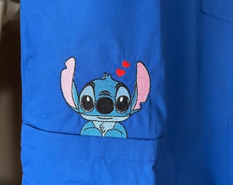 Embroidered Lilo & Stitch Scrub Top - Galaxy/Royal Blue - Women's Fit - Two Pocket
