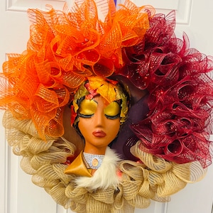 Large Fall Diva  wreath with Autumn leaves and leather suede patches