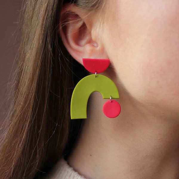 Statement Modern Polymer Clay Earrings | Chartreuse & Pink Geometric Minimalist Handmade Earring | Dangle Drop Earring | Clip on Earrings