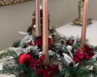 Handmade Advent Candle Centrepiece on real Australian wood w/ pinecones & red flowers - rustic farmhouse chic in winter forest burgundy red