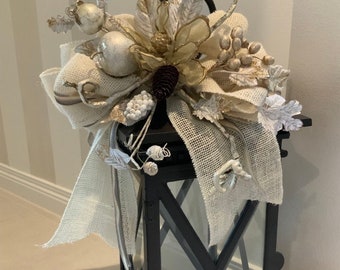 Stunning Black Lantern decorated with handmade shimmering ivory cream embellished topper