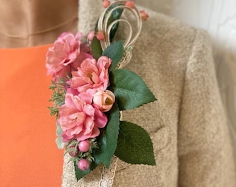 Handmade Pin Corsage/Floral brooch Peach Pink Blooms w/ petite peonies,Pink berries,Lily of the valley,Ribbon. UNIQUE AND REFRESHING gift.