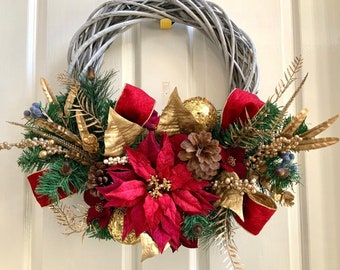 Traditional Rustic Luxe Christmas Red Poinsettia & Gold plaited wooden willow Wreath- HANDMADE LUXE with faux artificial greenery.