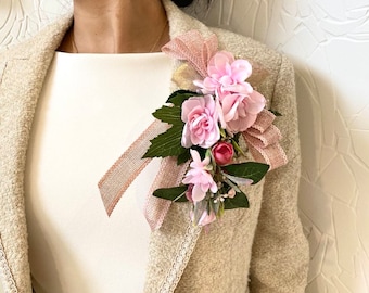 Handmade Corsage/Boutonniere Pin-on Barbie Baby Pink Snapdrag Flower w/ tiny petals, peony, bow & greenery. Gift wrapped. Eco-Conscious Gift