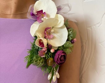 Handmade Pin Corsage White and Purple Orchid w/ green botanical accents, pearl detail. UNIQUE AND REFRESHING Mother's Day gift, Luxe Brooch