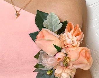 Handmade Pin Corsage/Boutonniere with Double Peach rose, shoe flower, green foliage, peony & satin bow. Perfect for prom/formal event