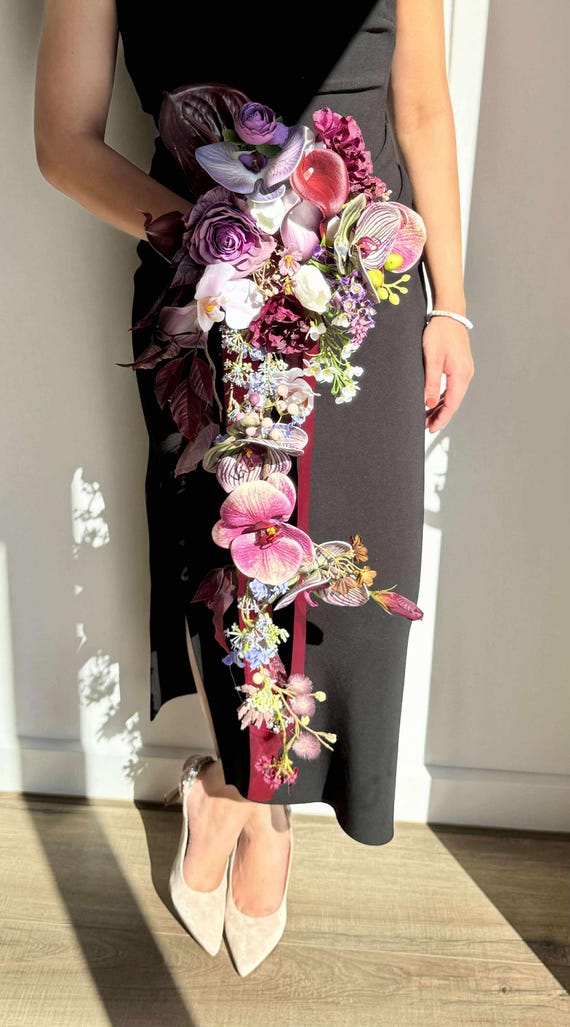 burgundy bouquet adare dress Burgundy Bridal Bouquet: Dark Orchid, Anthurium, Calla Lily Trail