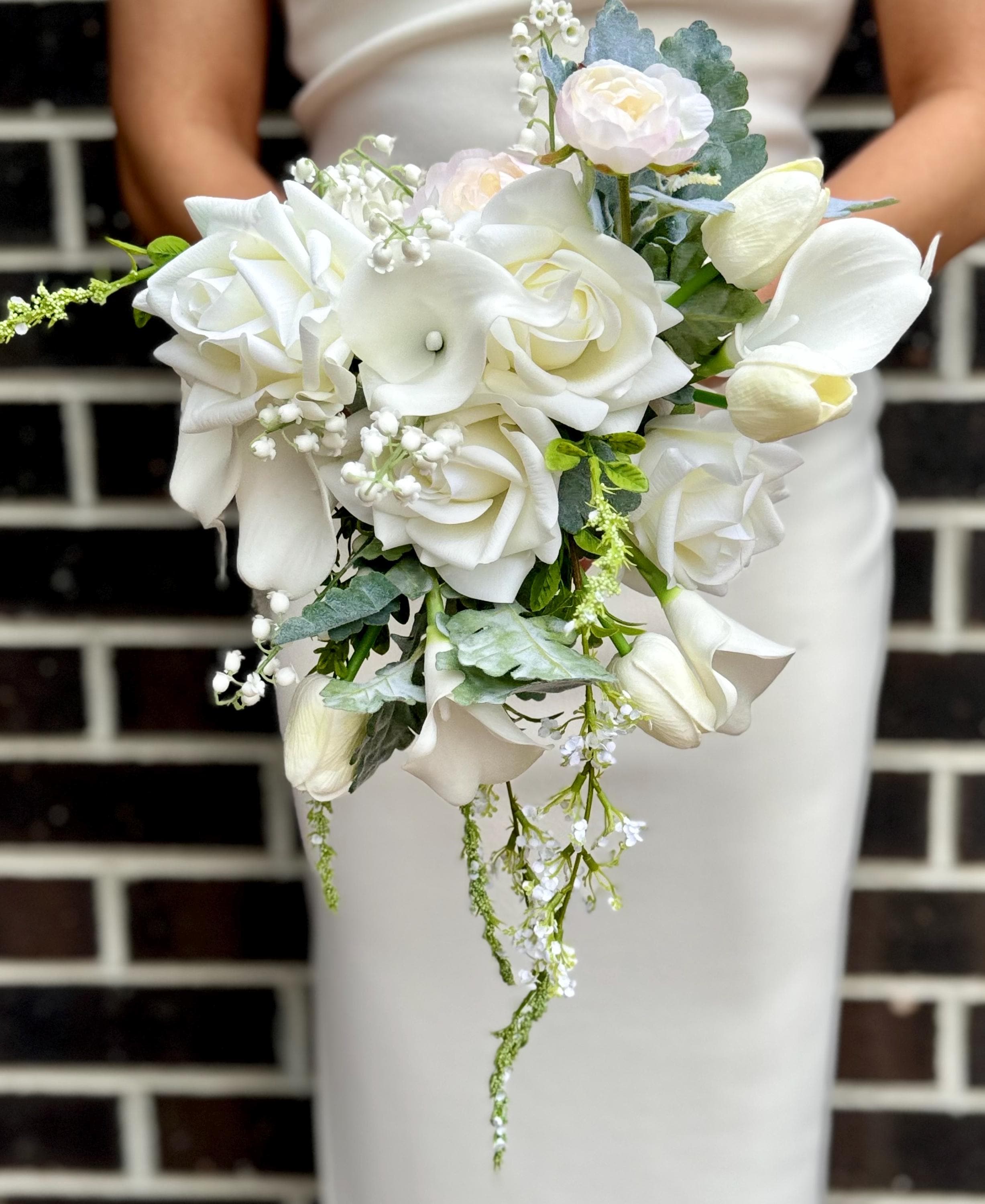 Teardrop Cascade Bridal Bouquet: White Roses, Tulips, Lily