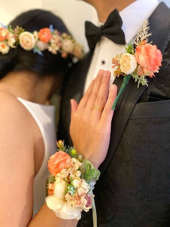 Cream Peony Head Garland & Boutonniere Set: Peach Apricot 