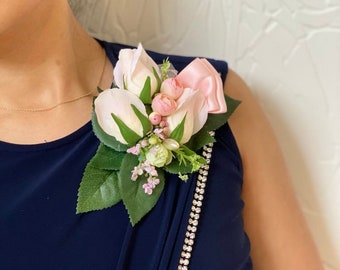 Handmade Pin Corsage Duo of Sumptuous Roses, Peony, stunning floral detail, satin ribbon bows, & green leaves. PERFECT Mother's Day Gift