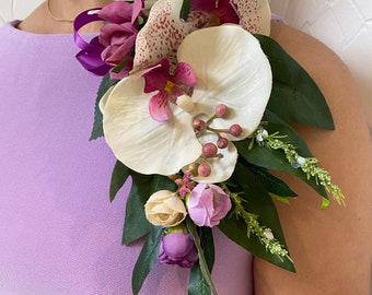 Handmade Pin Corsage/Floral brooch White & Purple Orchid w/ green botanical accents and leaves, petite peonies. UNIQUE AND REFRESHING gift.