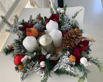 Handmade Christmas Advent Candle centrepiece with 4 gorgeous classic candles, stunning green Christmas foliage, baubles, pinecones & florals