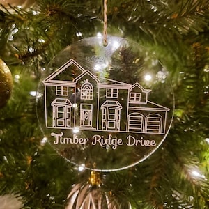 Custom House Outline Drawing Acrylic Christmas Ornament with last name or address gift for housewarming, wedding, realtors closing, home