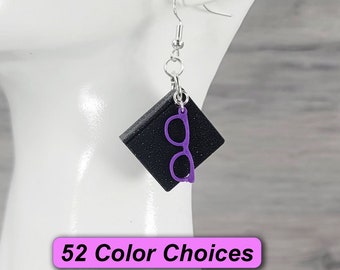 Tiny Book with Glasses Earrings - CUSTOM COLORS