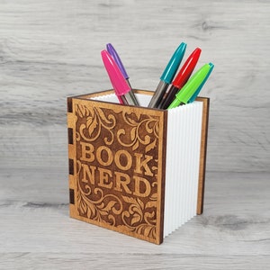 Book Nerd Pen/Pencil/Bookmark Holder - Engraved Wood, Golden Oak Stained Cover (White Pages Center Piece is 3D Printed)