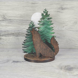 Wood Wolf & Moon Shelf Decor
