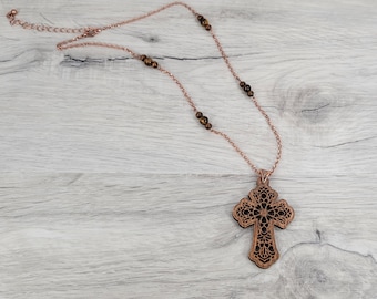 Intricately Detailed Wood Cross Necklace with Copper Chain & Wood Beads