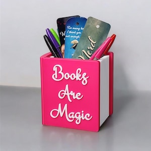 Custom Book Pen/Bookmark Holder: 3D Printed Desk Organizer (One More Chapter, Books Are Magic, Book Nerd, Read More, Custom Text and Colors)