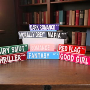 Op de afbeelding: Een verzameling kleurrijke straatnaamborden met witte tekst. De borden lezen "DARK ROMANCE RD", "MORALLY GREY ST", "MAFIA HWY", "FAIRY SMUT CT", "ROMANCE RD", "RED FLAG RD", "THRILLER AVE", "FANTASY BLVD" en "GOOD GIRL WAY".