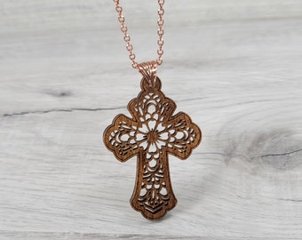 Intricately Detailed Wood Cross Necklace with Copper Chain & Wood Beads