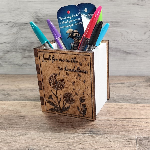 Dandelions Pen/Pencil/Bookmark Holder - Engraved Wood, Dark Walnut Stained Cover (White Pages Center Piece is 3D Printed)