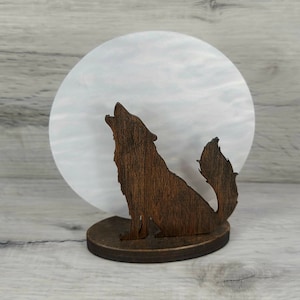 Wood Wolf & Moon Shelf Decor