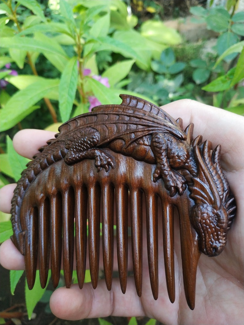 Dragon wooden comb, Dragon Design Comb, Wood Comb, Wooden Hair Comb, Gift for Him, Gift for her, Wide tooth comb, Wood Carving image 4