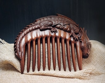 Dragon Wood Carved Comb: Wide Tooth Thermo Hornbeam