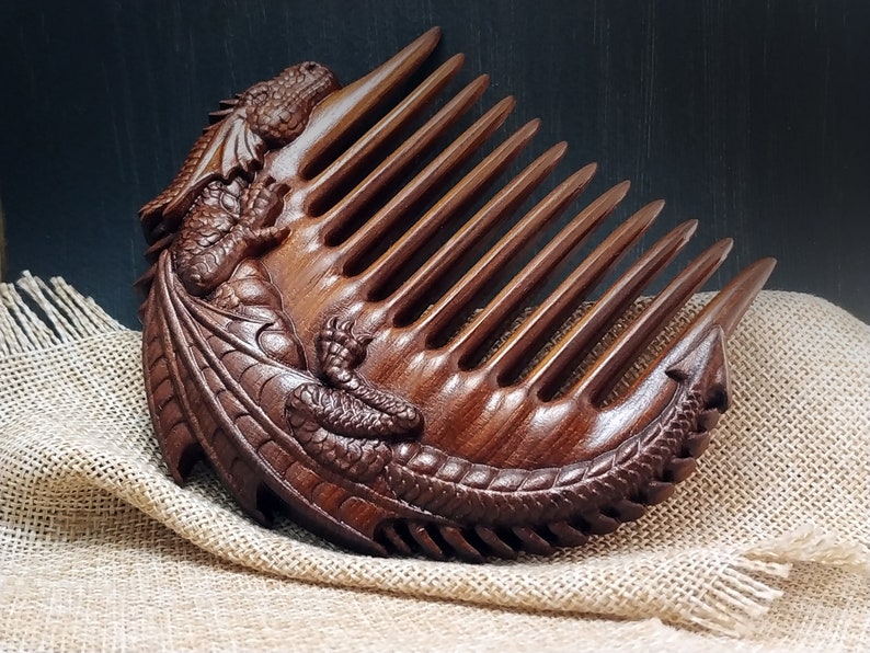 Dragon wooden comb, Dragon Design Comb, Wood Comb, Wooden Hair Comb, Gift for Him, Gift for her, Wide tooth comb, Wood Carving image 3