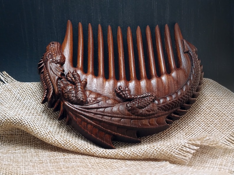 Dragon wooden comb, Dragon Design Comb, Wood Comb, Wooden Hair Comb, Gift for Him, Gift for her, Wide tooth comb, Wood Carving image 2