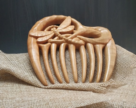 Handmade Wood Comb: Carved Dragonfly, Wide Tooth Pear Wood