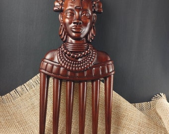 African Woman Wood Comb: Wide Tooth Curly Hair Comb