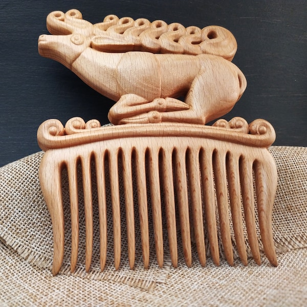 Wooden hair comb Deer, Deer comb, Beard comb, Scythian art, Wood comb, Wood carving, Wooden hairbrush, Handmade comb, Hair Accessories