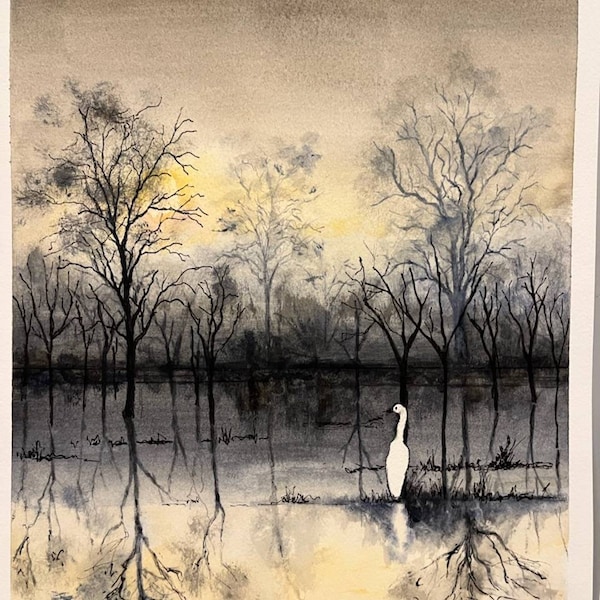 Original 11.5" x 15.5" watercolor painting entitled "Swamp Sundown".