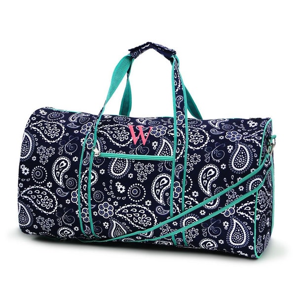 Personalized Navy White Paisley Gym Duffel Bag for Overnight Sport Gym Vacation Travel Match Paisley Cosmetic Bag