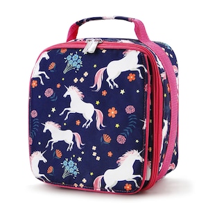 May include: A blue lunch bag with a pink zipper and handle. The bag has a white unicorn and floral pattern.