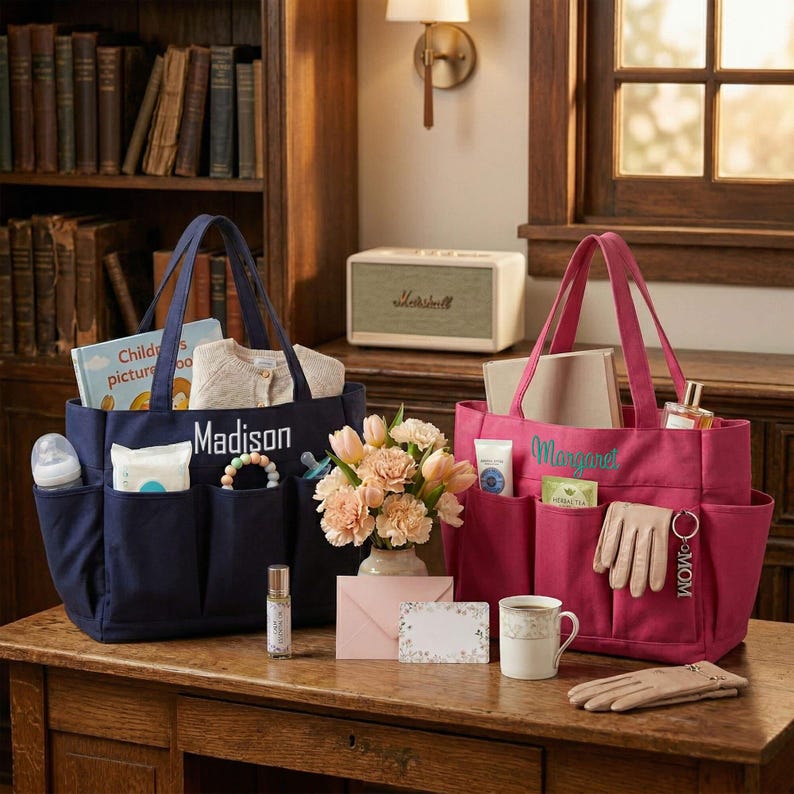 May include: Two tote bags, one navy blue and one pink, sit on a wooden table. The navy bag is labeled "Madison" and contains baby items. The pink bag, labeled "Margaret", holds personal care items. A vase of flowers and other accessories are also on the table.