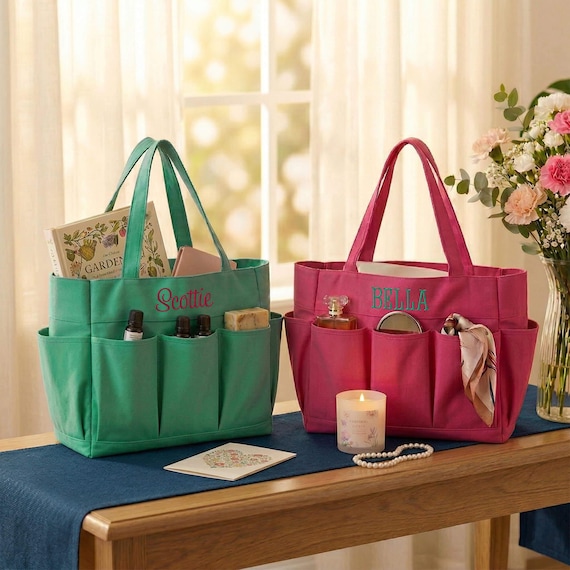 Personalized Utility Tote Bag, 7 Pockets, Monogram Organizer Caddy, Craft Storage Bag