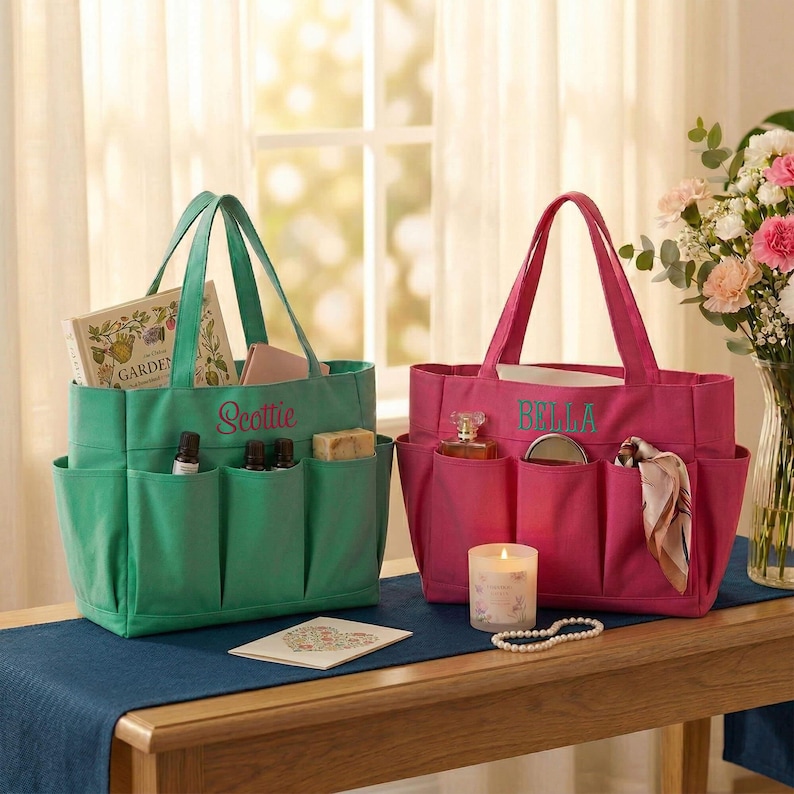 May include: Two tote bags, one teal and one fuchsia, sit on a wooden table. The teal bag has "Scottie" embroidered on it and contains a book, essential oils, and soap. The fuchsia bag has "Bella" embroidered and holds perfume and a scarf.