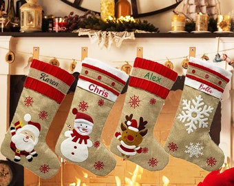Personalized Burlap Christmas Stocking: Embroidered Snowflakes, Cartoon Applique